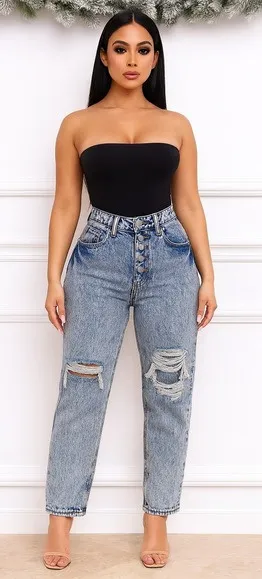 PTCL Acacia High Rise Mom Jean Button Fly Distressed Acid Wash Size 27 Blue - Image 1