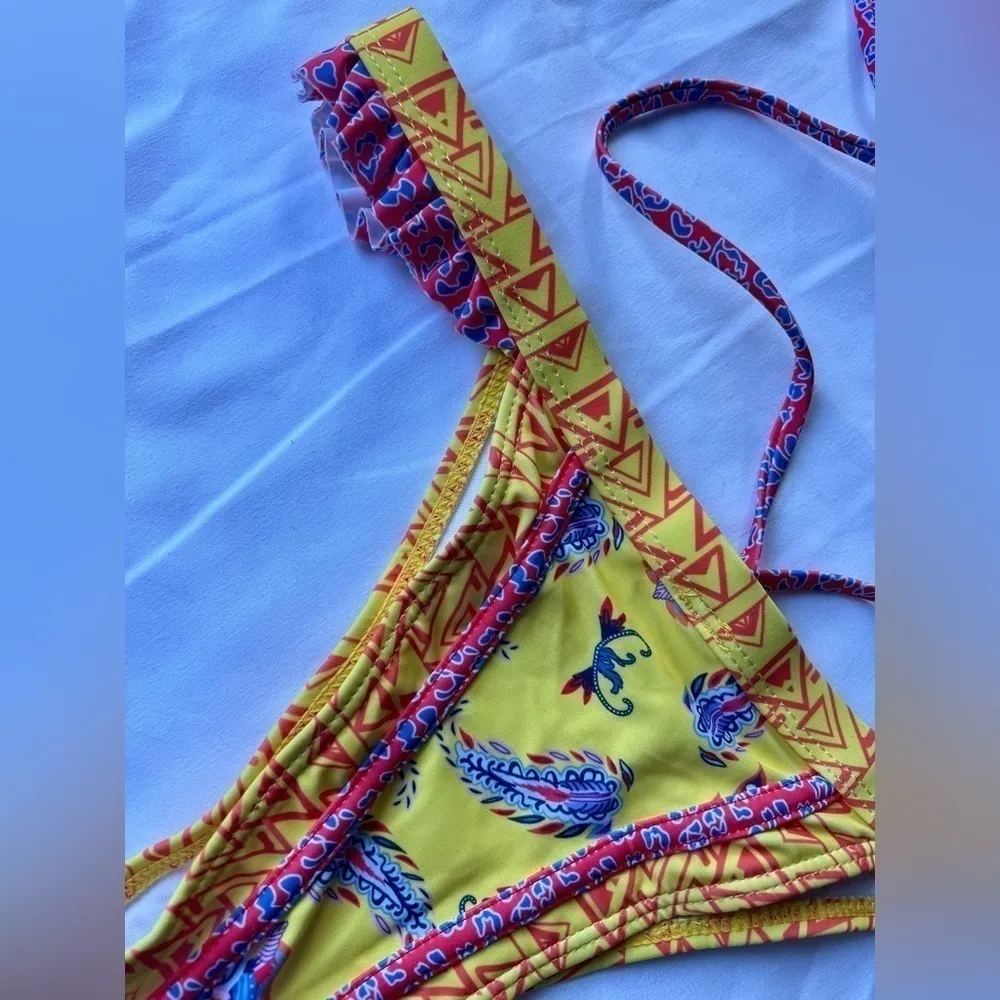 Boho Floral Geo Print Yellow Bikini Bottoms Small - Image 4