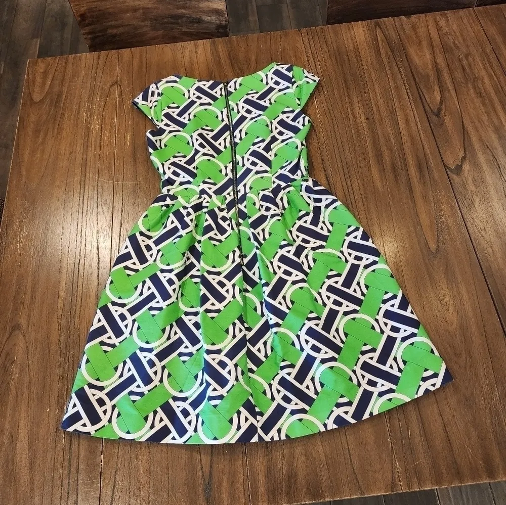 Elizabeth McKay Green & Navy A Line Geo Print retro cotton silk mini dress Size 2 - Image 6