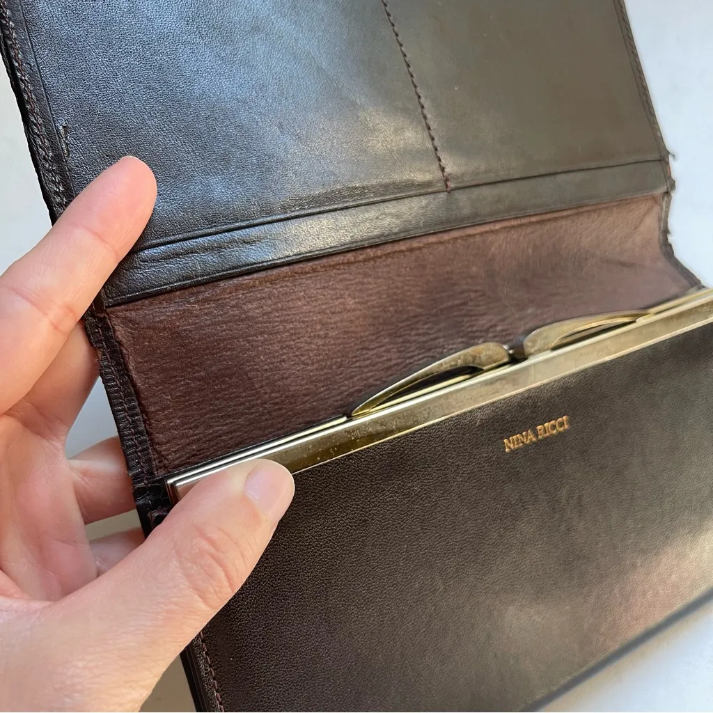 Nina Ricci Brown Leather Printed Long Wallet Kiss Lock Cards ID Holder - Image 7