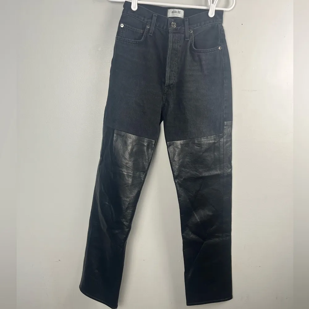 AGOLDE Woman's Black Pieced 90s Pinch Waist Leather Jeans Size 24 - Image 7