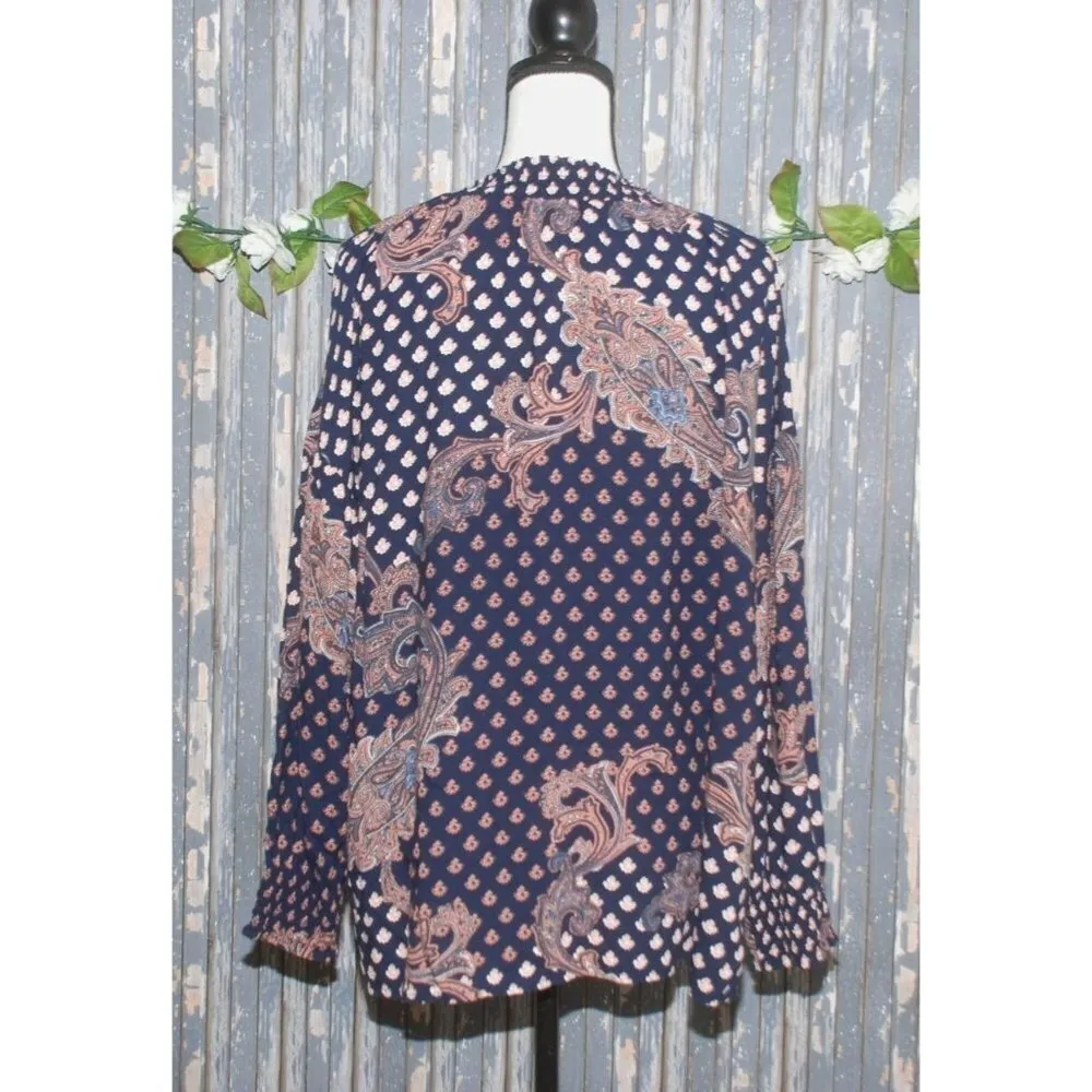 Nine West Ladies Blouse Top Size L Paisley's Long Sleeve Double Tie Up V-Neck - Image 6