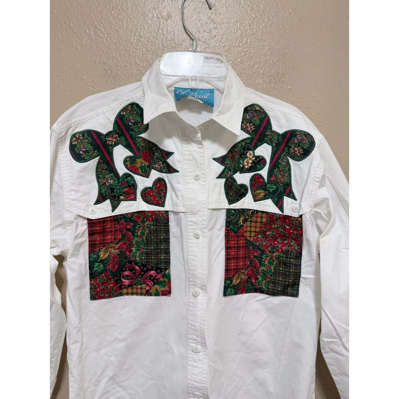Oh Paint by Erika White Cotton Bow Heart Patch Pocket Button Up Shirt Womens S - Image 2