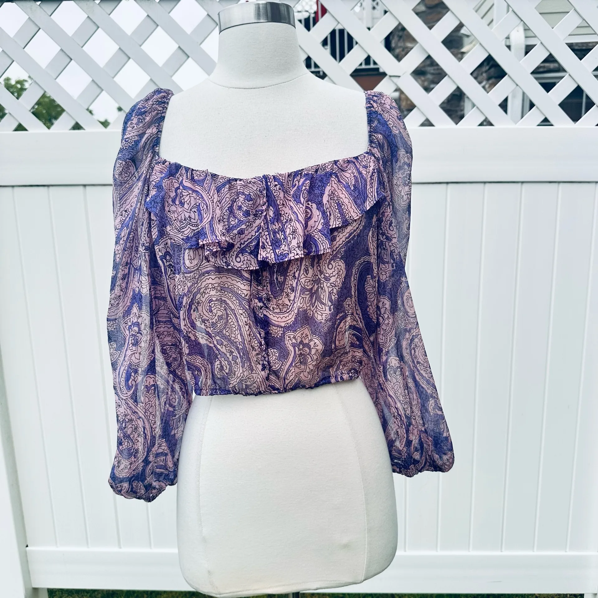 ZARA Purple Cropped Sheer Blouse Top Boho Indie Floral Mauve Ruffle - Image 6