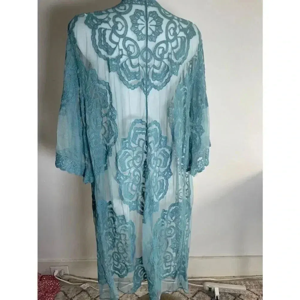 Women's Favlux Turquoise Lace Kimono Cardigan Duster‎ Size M GUC! 0155 - Image 7