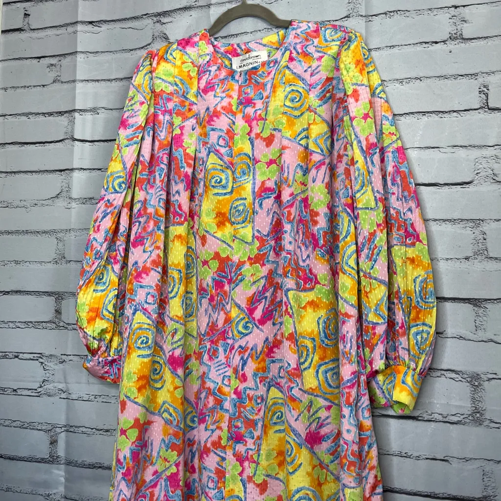 David Brown 1980s Vintage Pink Yellow Maxi Nightgown Dress 3/4 Puff Sleeve M Size M - Image 4