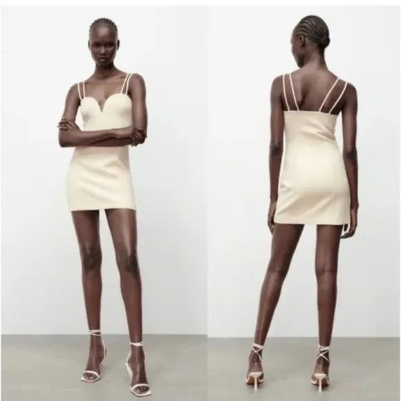 ZARA Sweetheart Neckline Mini Dress Size Medium NWT Sleeveless Beige Cream Party - Image 2