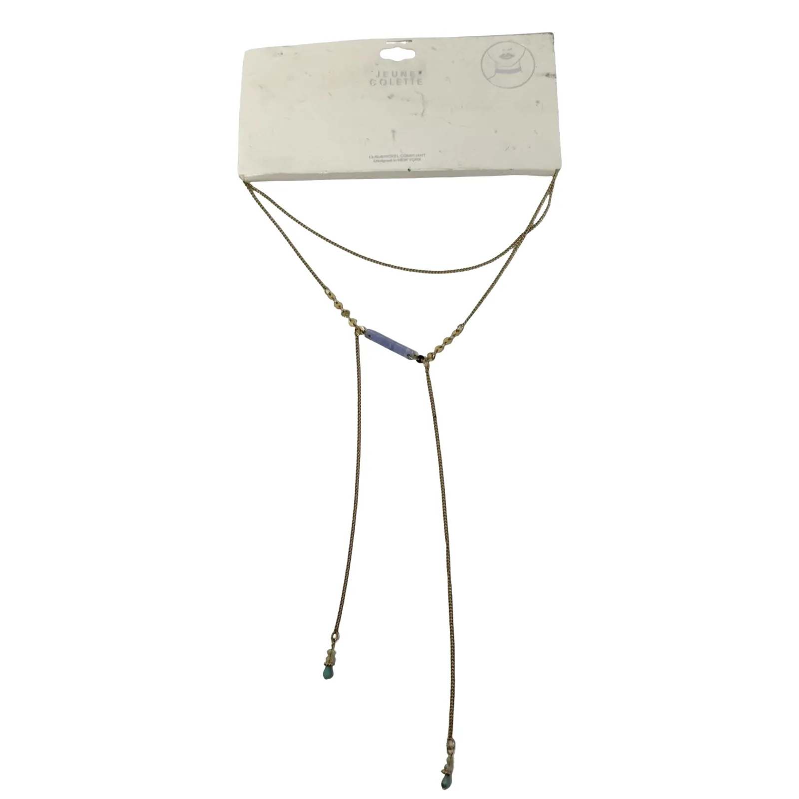 Jeanne Colette Gold Tone Layered Necklace Blue Stone Bar & Bead Tassels - Image 7