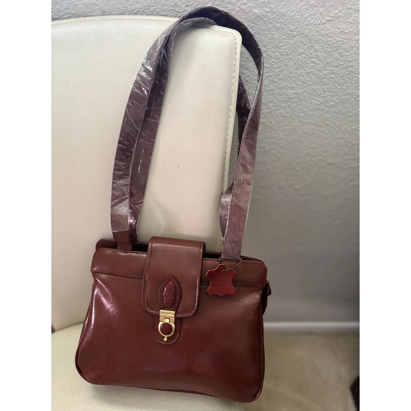 Vintage 80s Cognac Faux Leather Purse Shoulder Bag detachable double strap Brown - Image 9