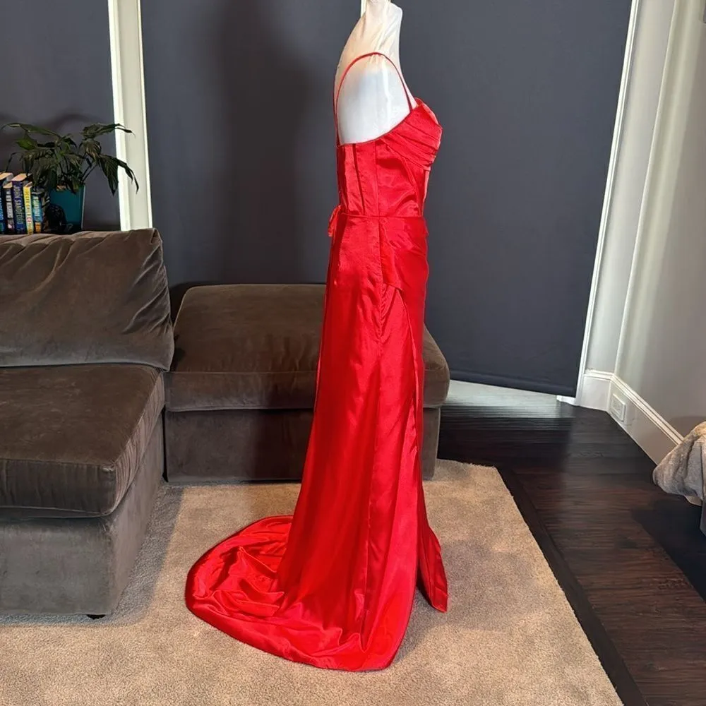 Red Satin Full Length Prom Party Formal Dress CrissCross Straps Leg Slit Size 8 - Image 3