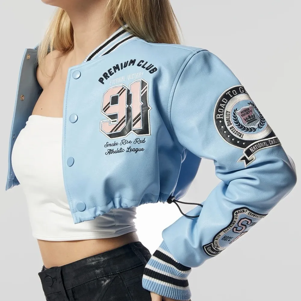 NEW! Smoke Rise Red PU Leather Varsity Jacket Coat Baby Blue Cropped Y2K Sz S Size M - Image 2