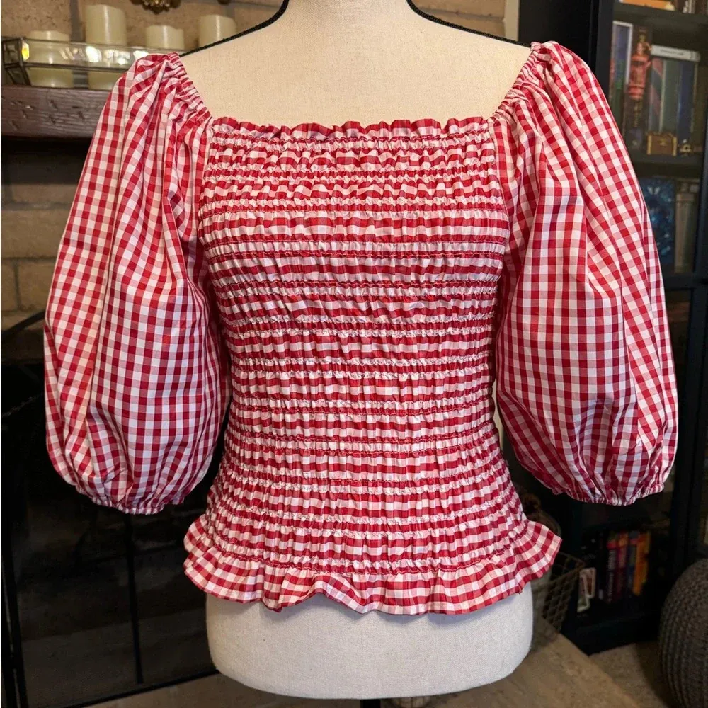 VINE & LOVE Red & White Gingham Milkmaid / Picnic / Puff Sleeves Top - Small - Image 2