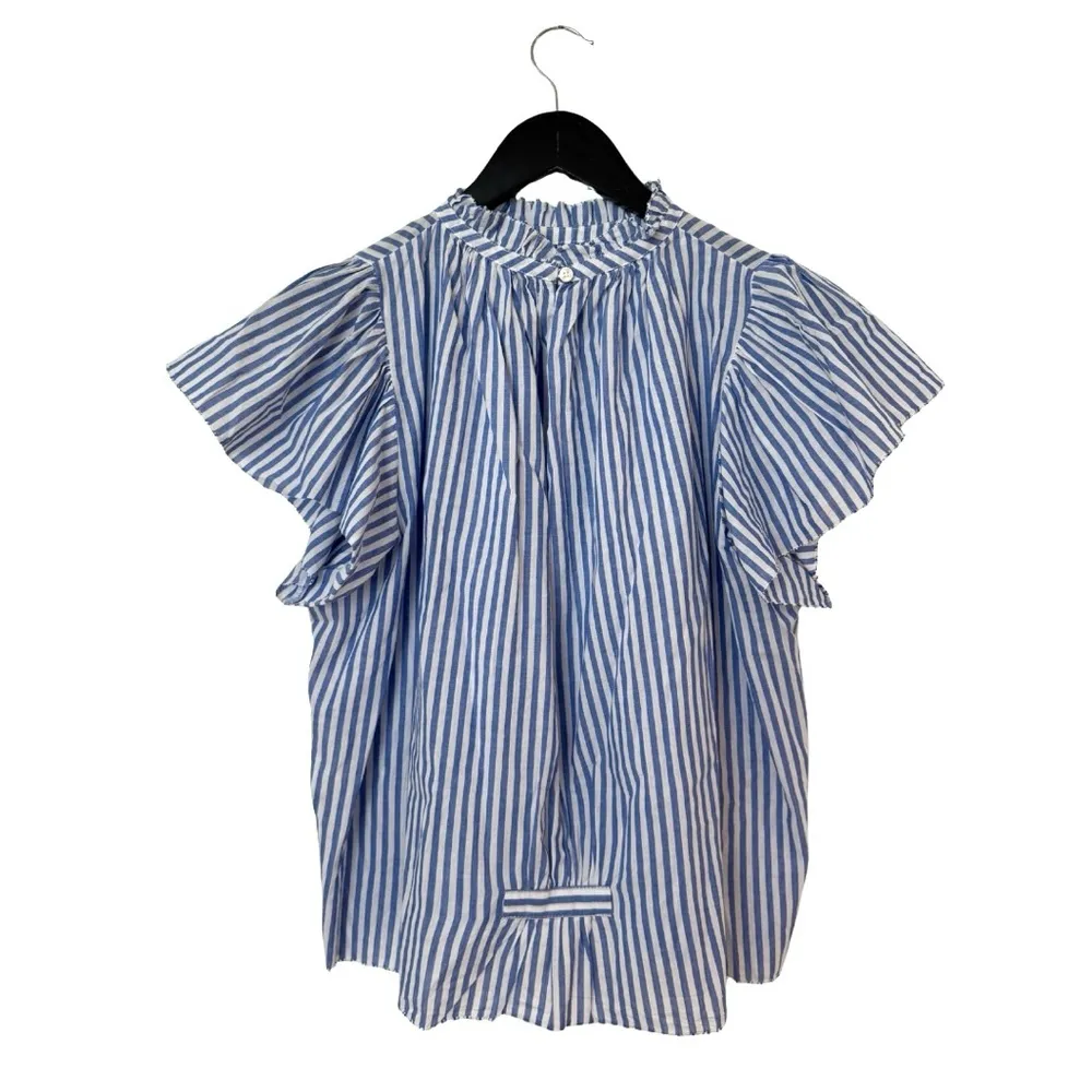 Trovata Small Carla‎ Highneck Shirt in Blue White Stripe Flutter Sleeve Preppy - Image 6