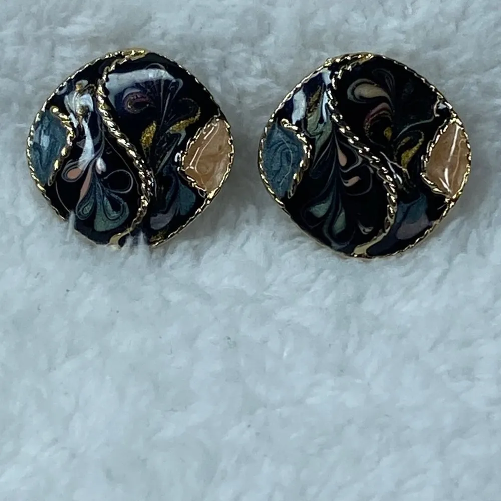 Cloisonne Enamel Metal Clip on Earrings Abstract Design Stamped Made USA - Image 15