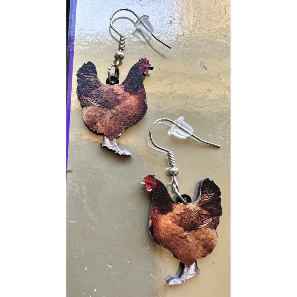 Rooster Earrings Chicken Farm Animal Eggs Pet New Hens Farmer Foul Chick Brown - Image 8