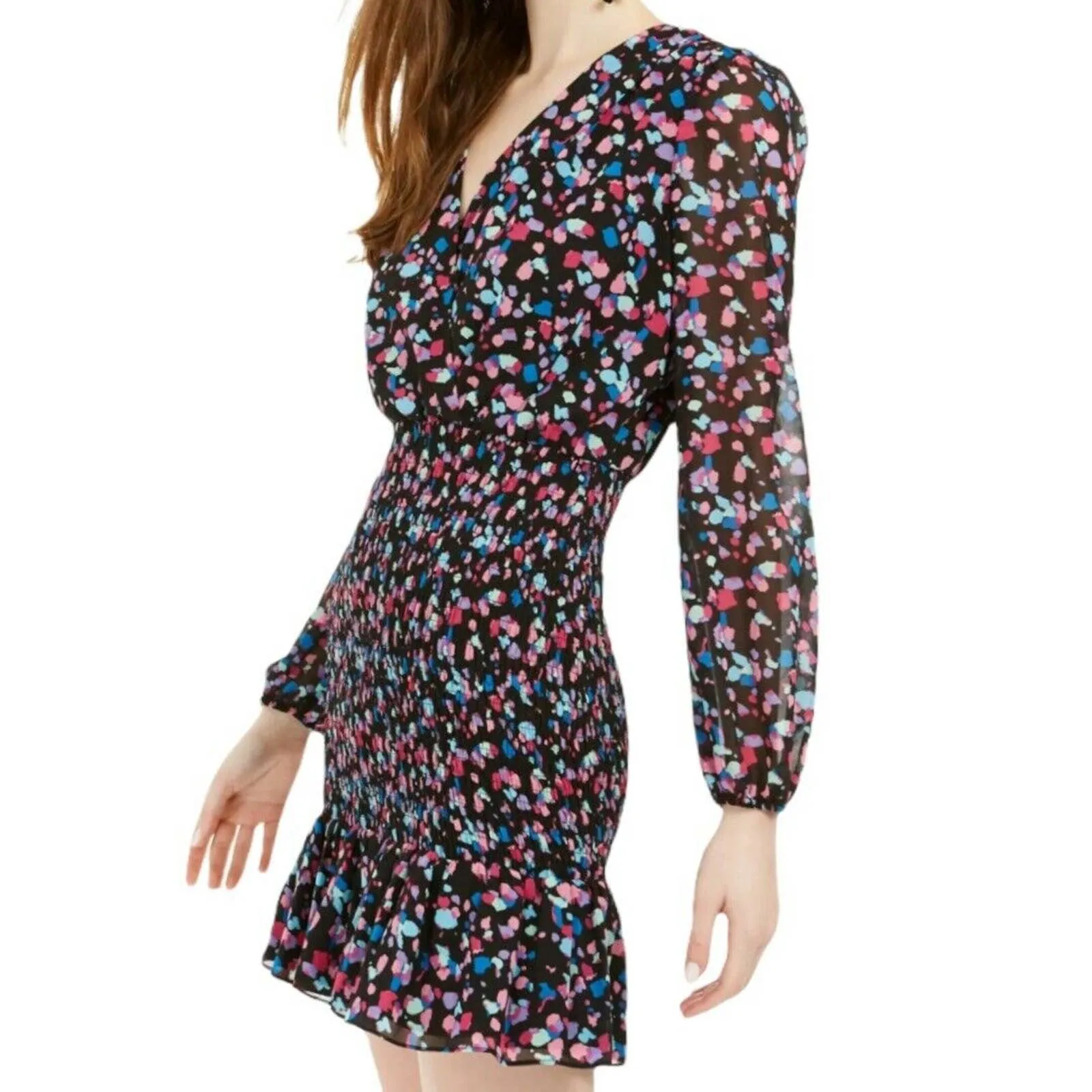 LEYDEN Printed Smocked Mini Dress Kaleidoscope Crossover S Black New‎ - Image 12