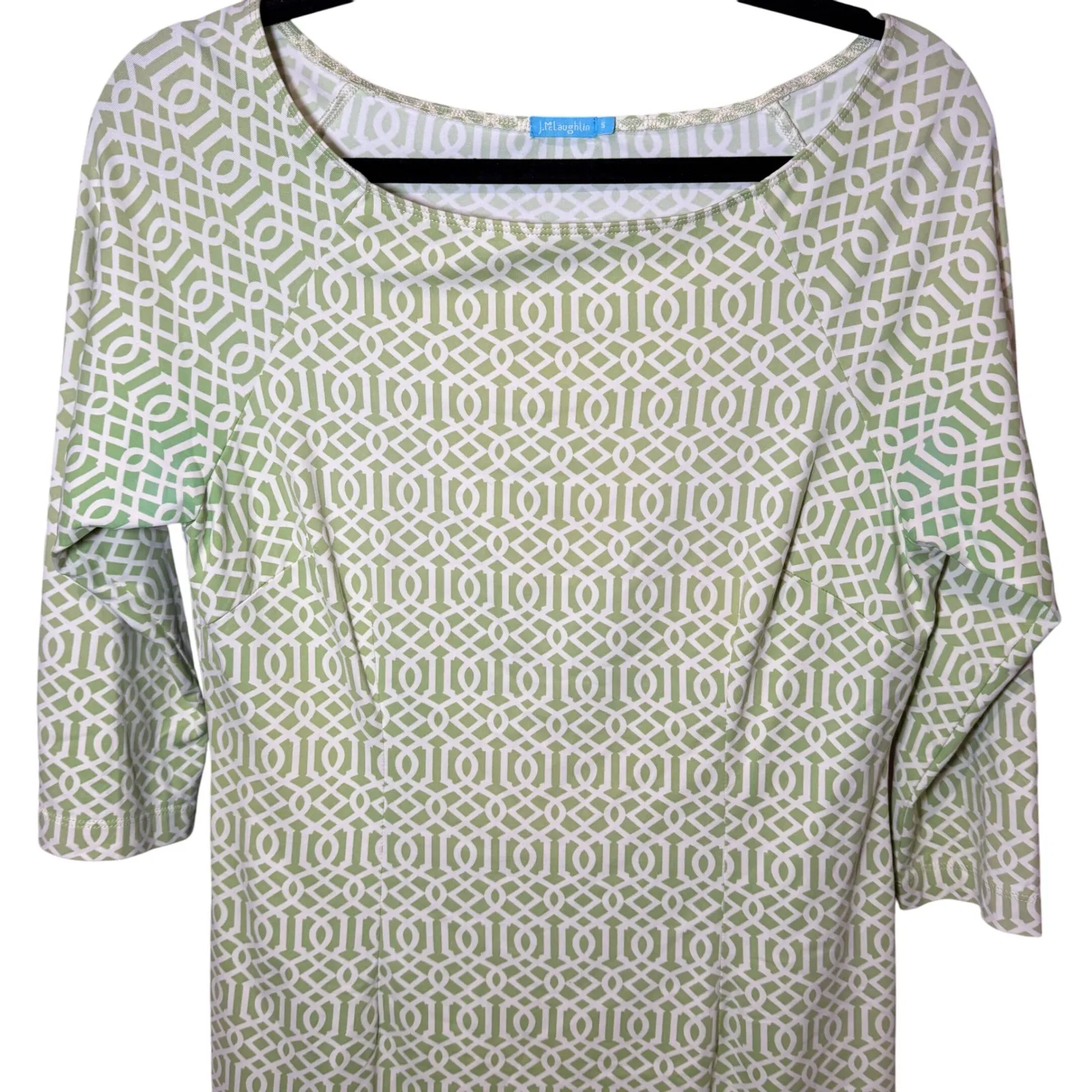 J McLaughlin Boatneck Geometric Dress Catalina Cloth Green White Size Small - Image 2