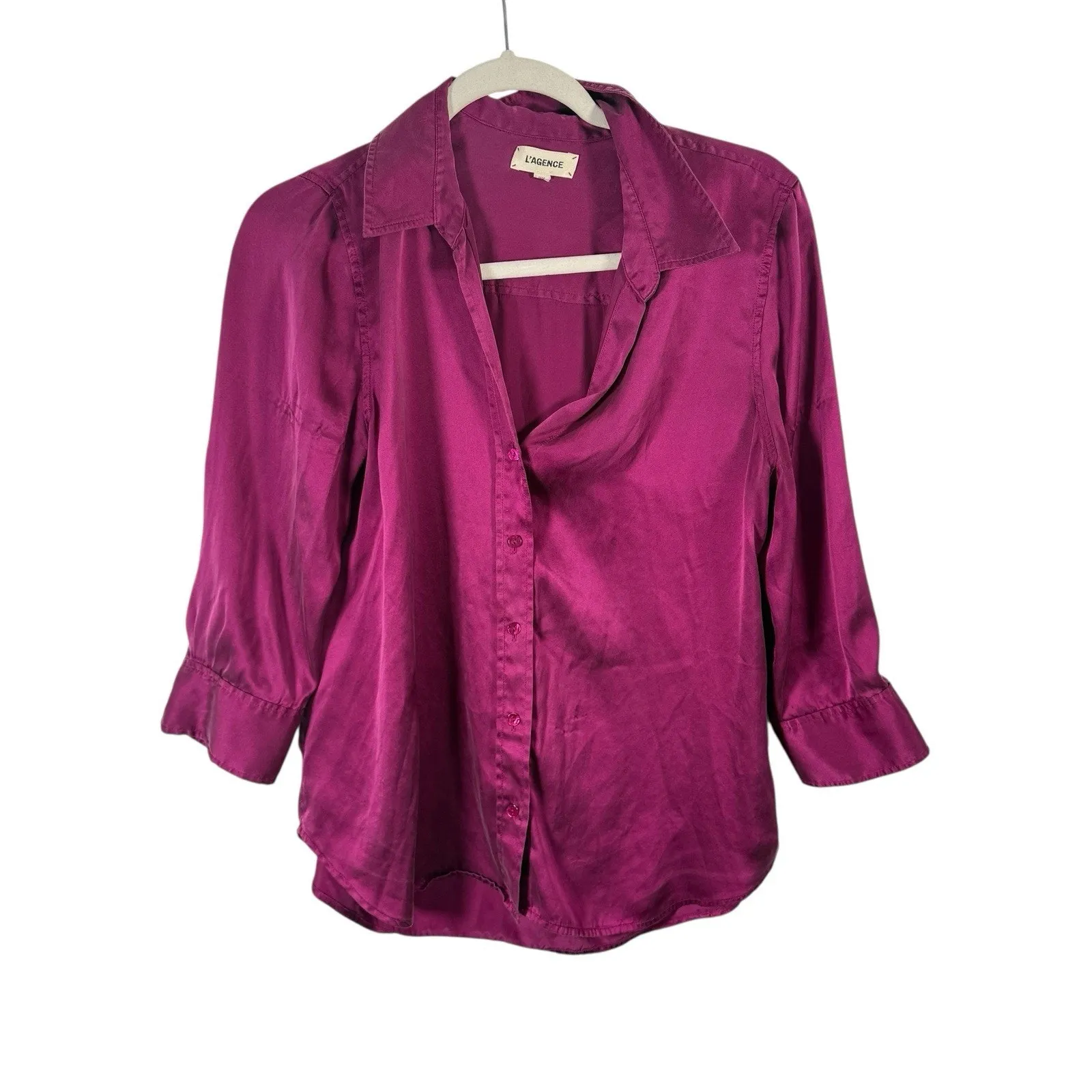 L'Agence Purple 100% Silk Button Up Blouse 3/4 Sleeve Career FLAW Womens Medium - Image 2