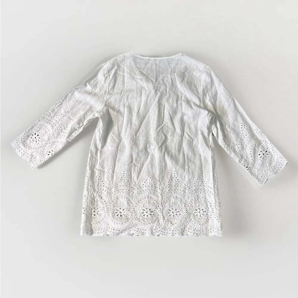Marina Luna Eyelet Embroidered Blouse Top S White 3/4 Sleeve Pintuck Boho linen - Image 3