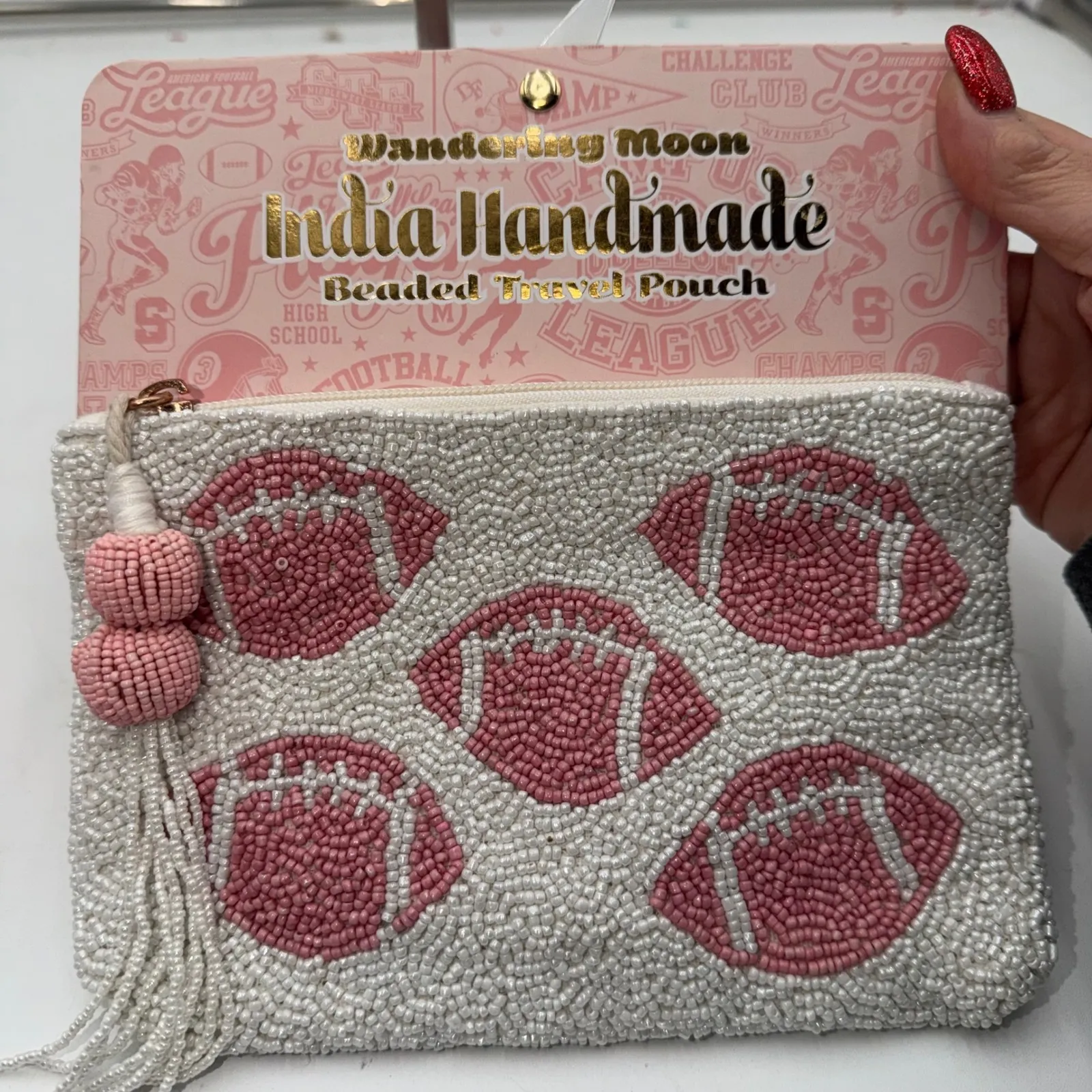 Wandering Moon India Handmade Beaded Football Travel Pouch Cosmetic Bag White - Image 6