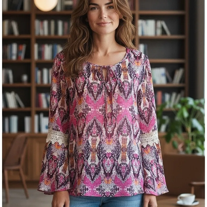 COMO Vintage Top Blouse Tunic SZ L Multicolor Sheer Crochet Bell Sleeves Boho - Image 2