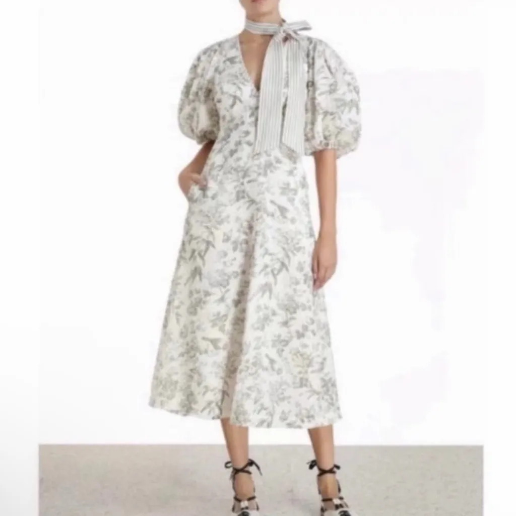 Zimmermann Linen Day Midi Dress Puff Sleeve Pockets Olive Green Toile Floral 6 - Image 12