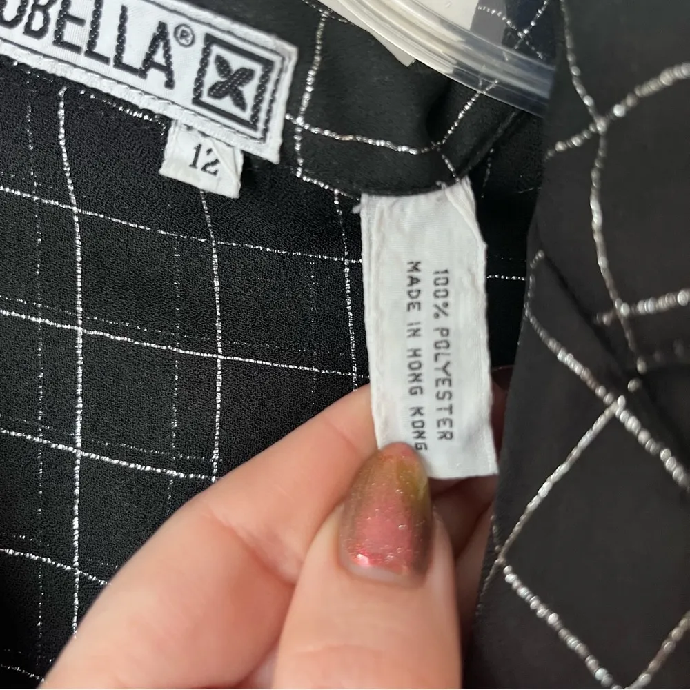 Vintage 80s Loubella Black Metallic Silver Grid Sheer Button Front Shirt 12 - Image 3