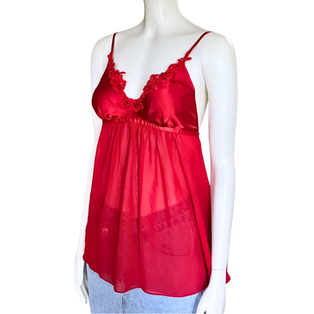 Y2K Red Satin Sheer Beaded Babydoll Top Micro Mini Slip Dress XS Lingerie Fairy - Image 3