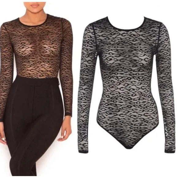 NWT House of CB Carmine Cheetah Print Sheer Bodysuit in Black - Image 2