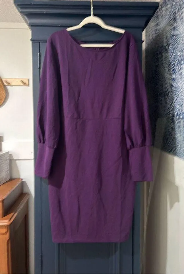 NEW Purple Vintage Long Sleeve Crew Neck Career Midi Dress 2X Purple - Image 4