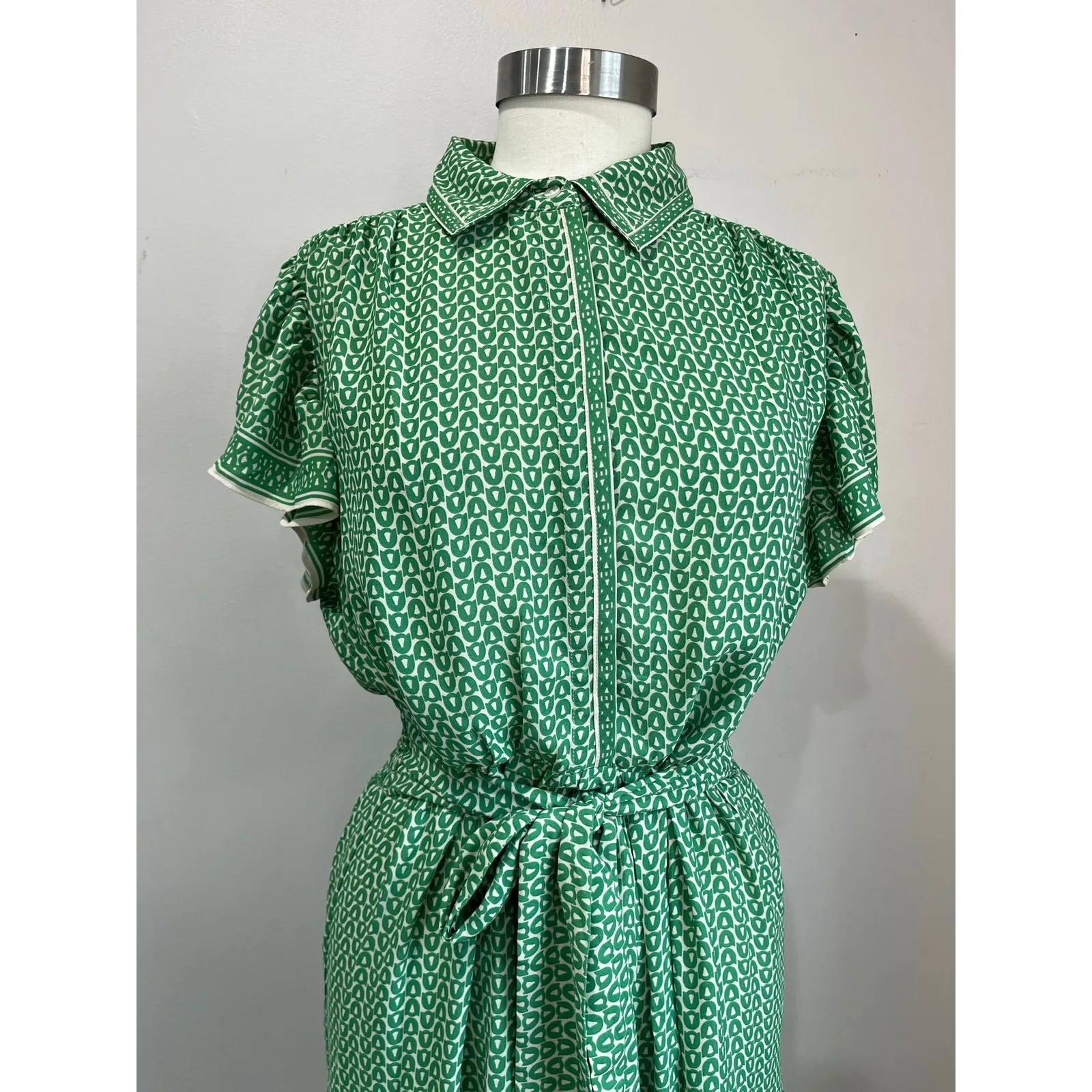 Max Studio London Green Geo Print Tie Waist Shirt Midi Dress Short Sleeve Size L - Image 12