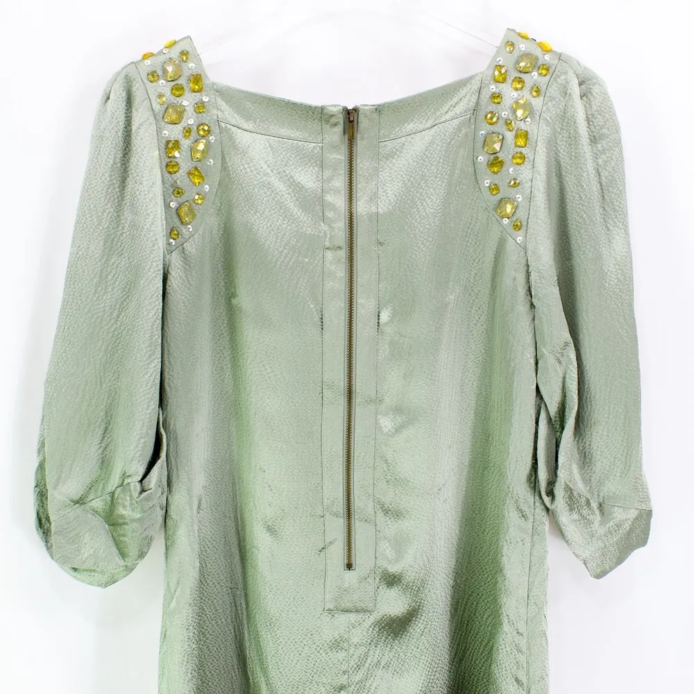 BCBGMAXAZRIA Green Silk Jeweled Boat Neck Ethereal Mini Dress - Image 7