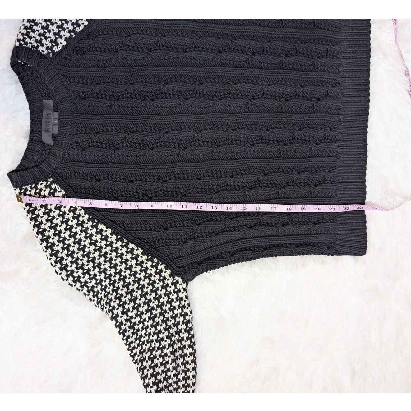Miss Wu Mixed Knit Sweater Black & Ivory Houndstooth Cable Knit Size XL - Image 7
