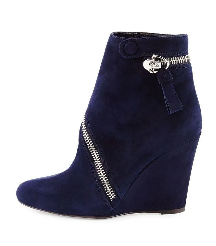 skull asymmetric zip suede wedge ankle boots booties size 37 - Image 2