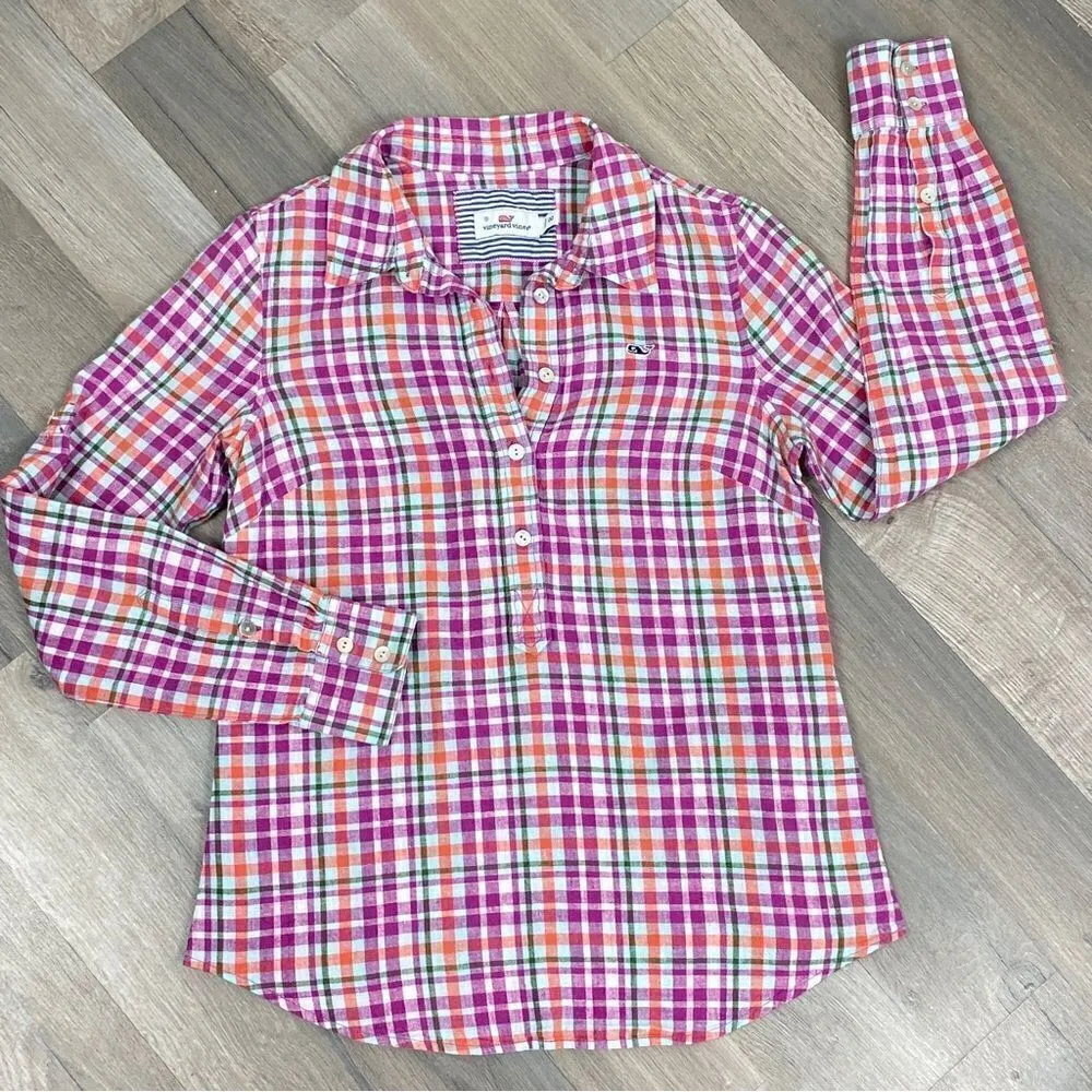 Vineyard Vines Palmetto Plaid Popover Linen Shirt Pink 00 - Image 11