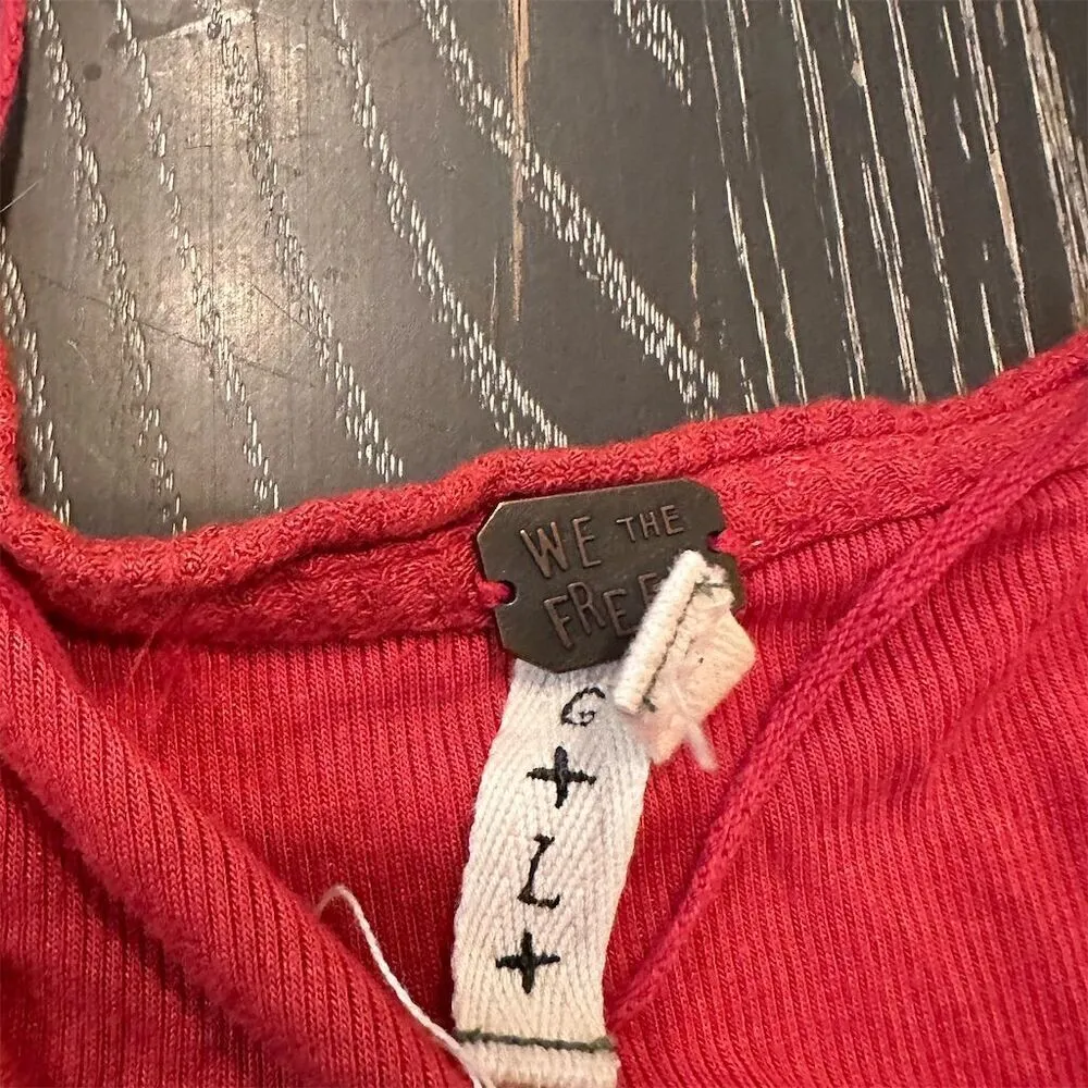 Free People Thermal Top S Red Scoop Neck Long Raw Hem Women's Top Small - Image 8