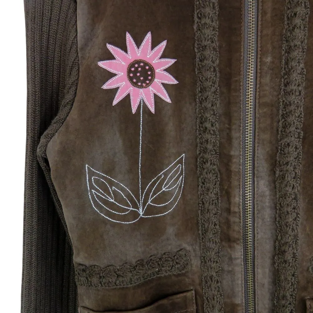 Paraphrase Y2K Brown Suede Jacket Pink Embroidered Flower Vintage Jacket Small - Image 4