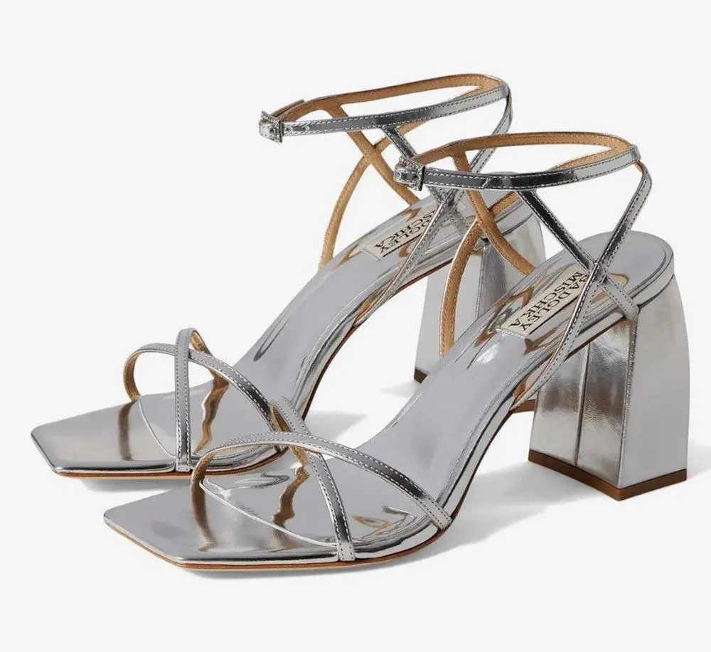 Badgley Mischka Ivanka Ankle Strap Block Heel Sandals, Silver Size 8 New in Box - Image 10