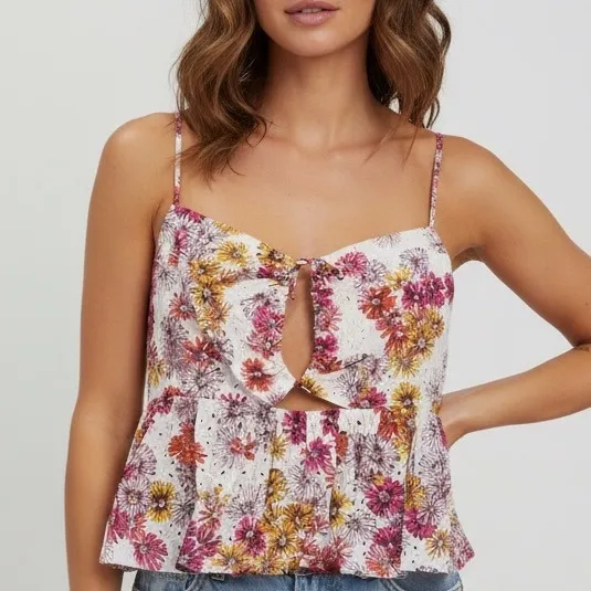 Waverly‎ Eyelet Floral Cami Top Peplum Cutout Magenta Daisies XL White - Image 8