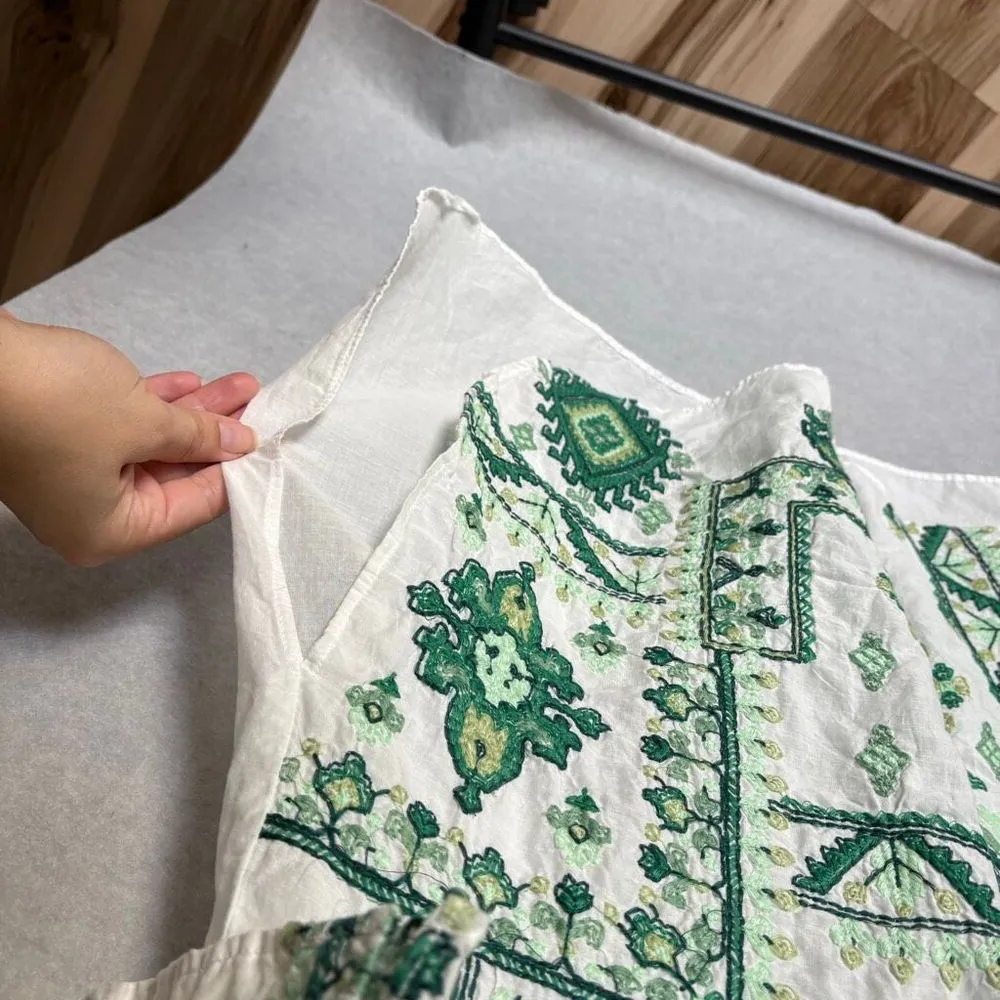 Zara White & Green Aztec Embroidered Tunic Shirt Dress size Coverup Boho - Image 6