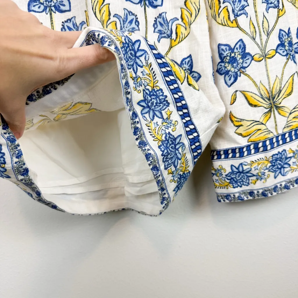 Draper James Linen Blend Wide Leg Printed Pants Blue Yellow Floral Size Medium - Image 6