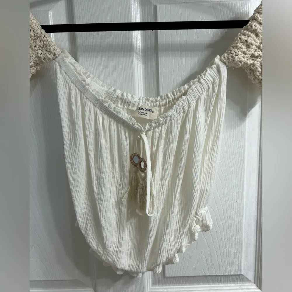 Ocean drive white/cream crochet boho mirror embellished off shoulder crop top - Image 5