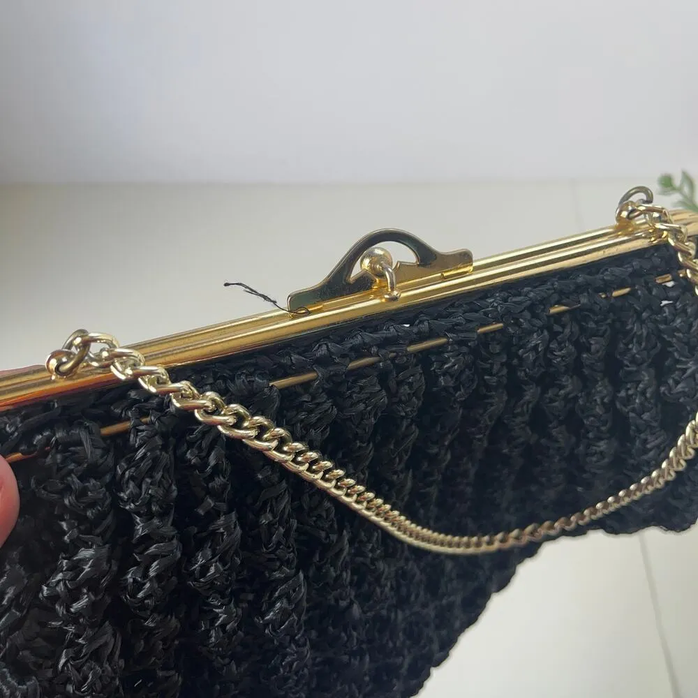 Macrame or Knit Strawy Weave Evening Bag Purse Black Gold Chain Retro Glam - Image 3
