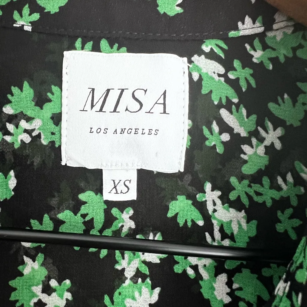 Misa Los Angeles Size XS Black Green semi sheer floral ruffle blouse long sleeve - Image 3