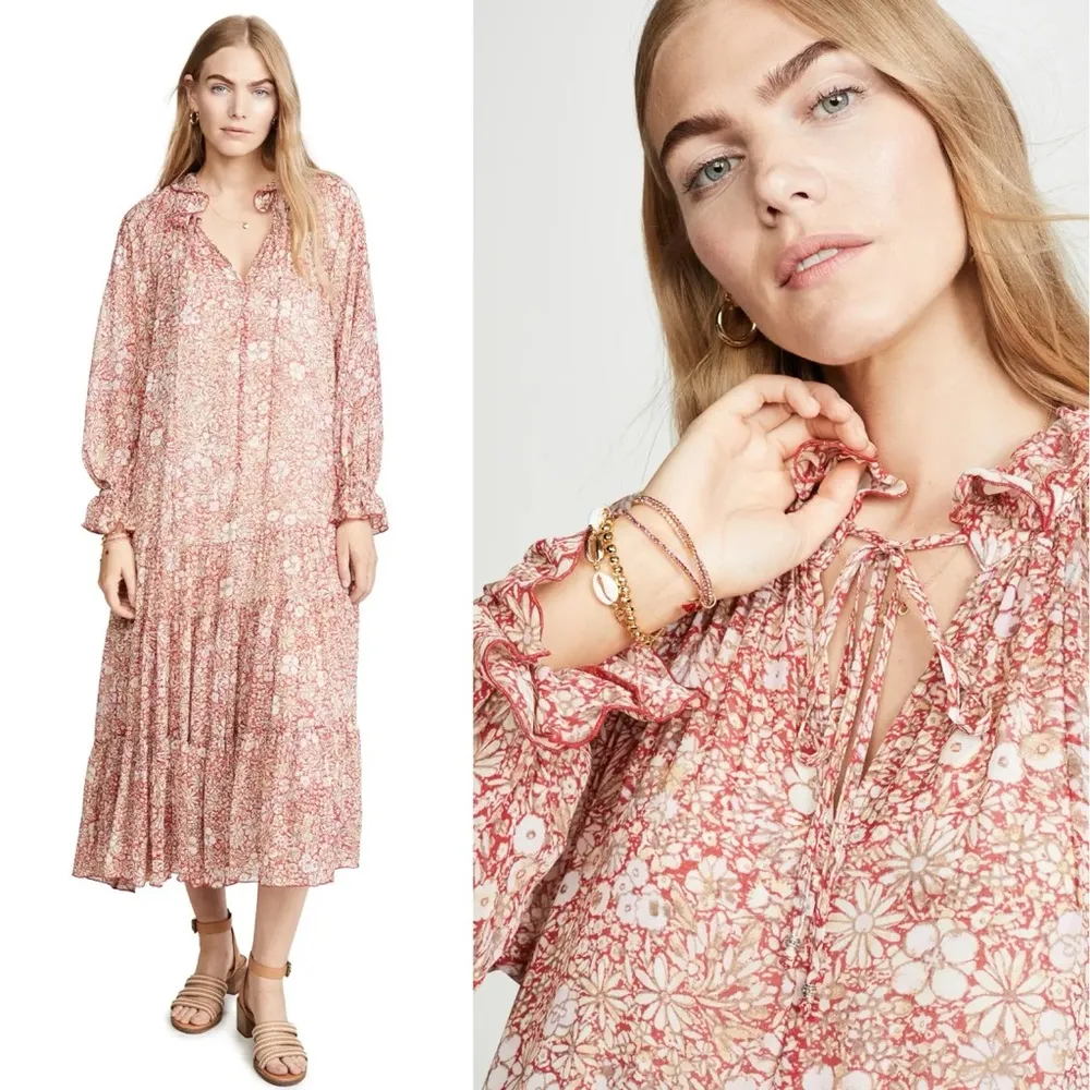 Free People Feeling Groovy Dress Floral Tiered Skirt Red Size Small Long Sleeves - Image 4