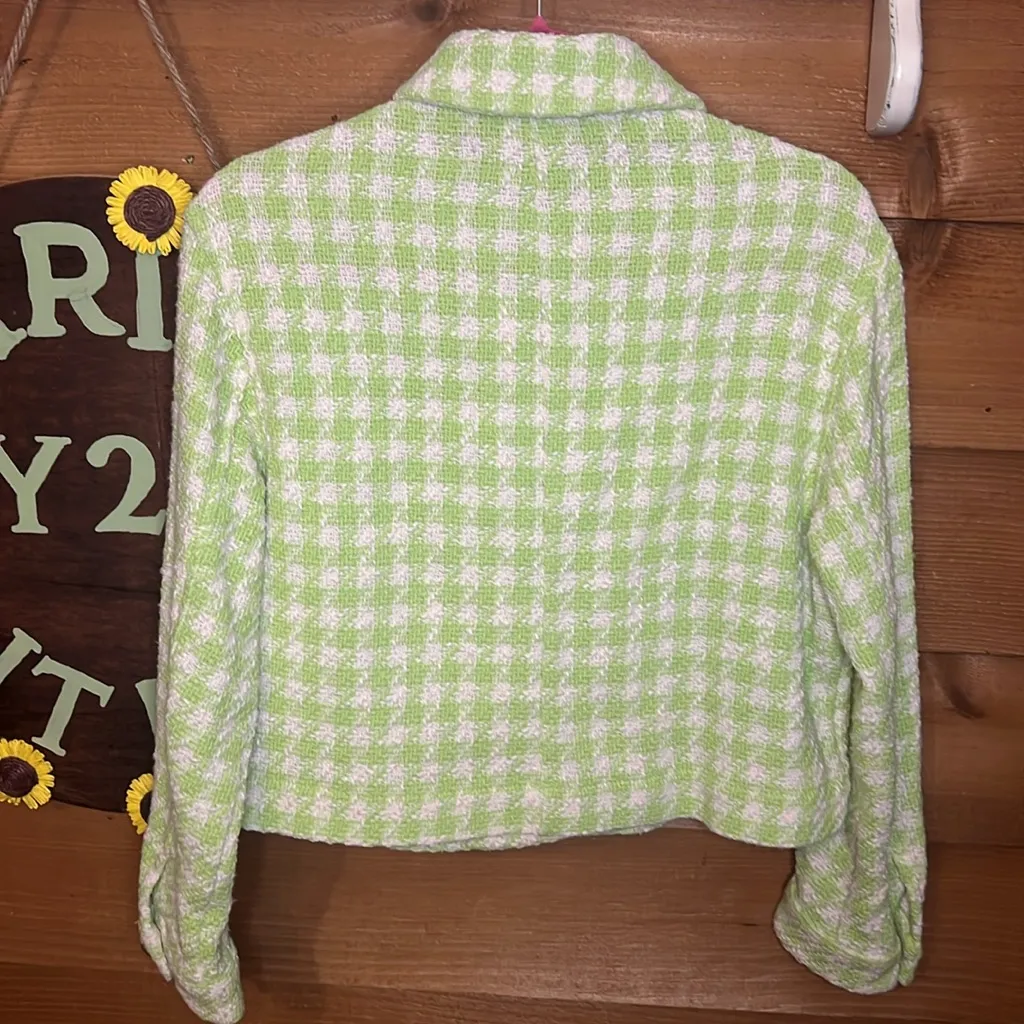 Zara Lime Green Houndstooth Checkered Tweed Cropped Preppy Button Jacket Small - Image 8