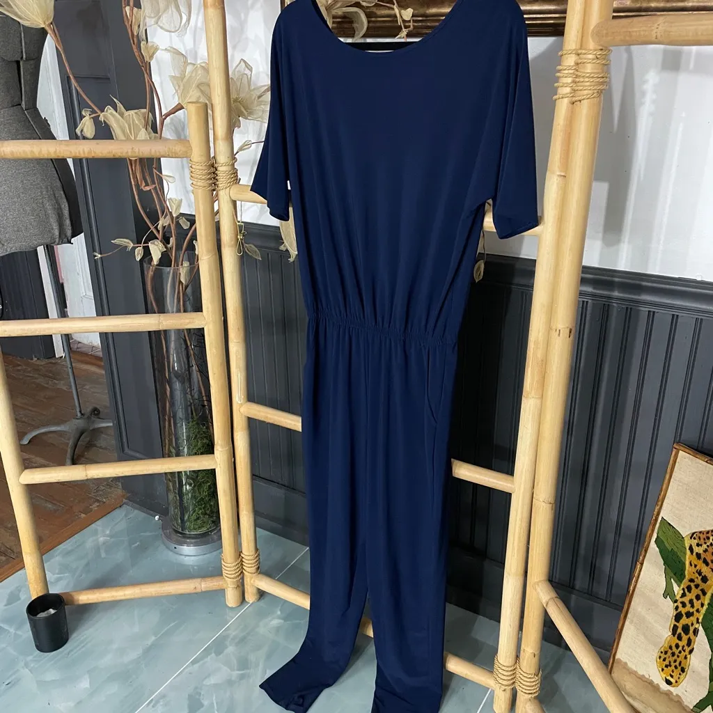 Clara Sun Woo Navy Crepe Open Back Short Sleeve Stretch Travel Jumpsuit - Image 5