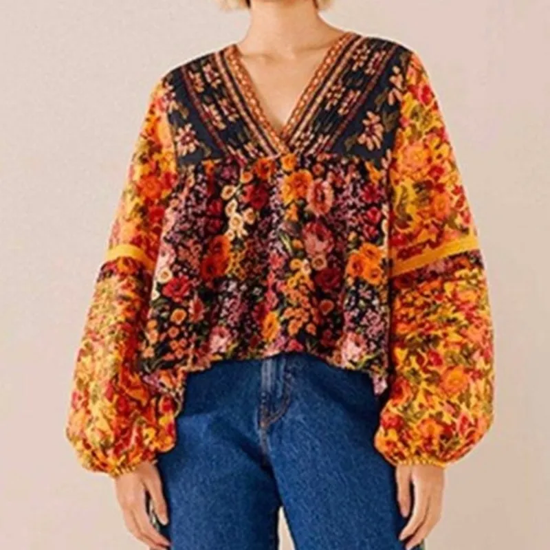 FARM Rio NWT Vibrant Flowers Garden Lace Trim V-Neck Bold Long Sleeve Blouse XS - Image 4