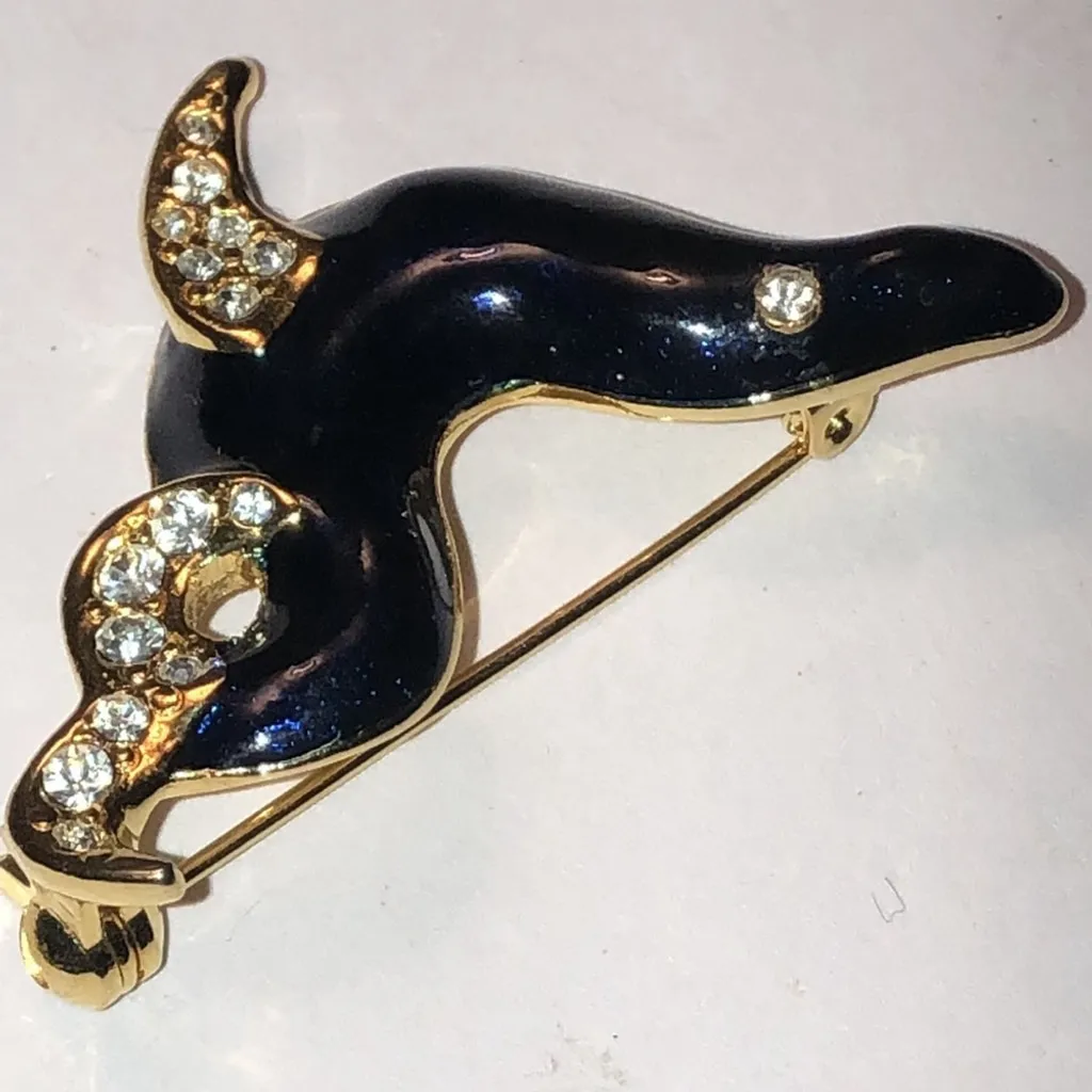 Vintage Blue Enamel CZ Rhinestones Seal Brooch Shoulder Pin - Image 4