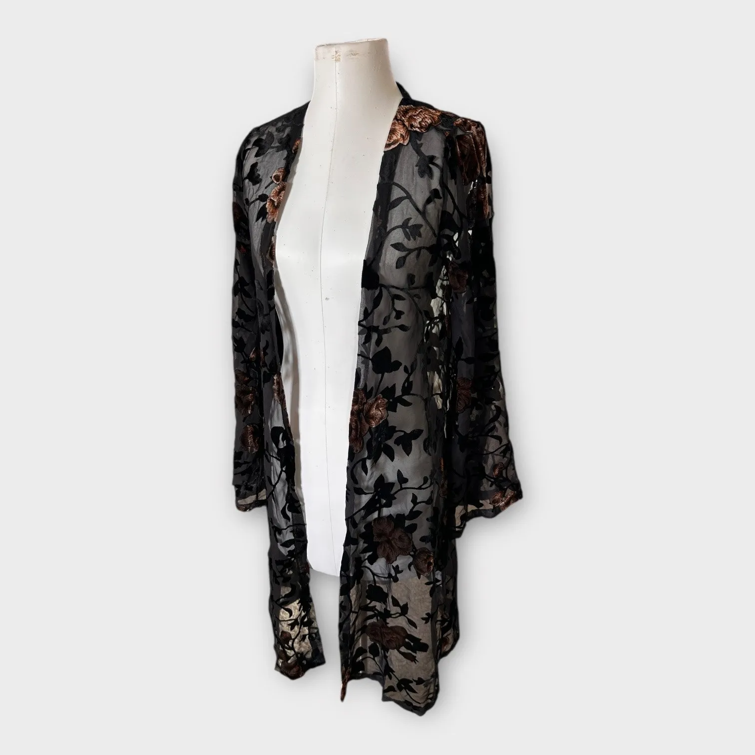 Joyfolie Annisa Duster Cardigan Size Small Black Velvet Burnout Floral NWT Boho - Image 3